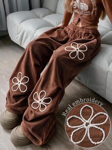 SHEIN Special Hand-Crafted Floral Design Fashionable Minimalist Loose Long Pants For Women, Gift For Friends - Brown - View 2