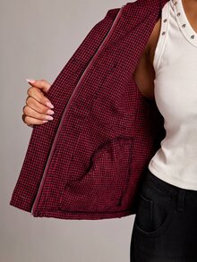 SHEIN BAE 女款全印花立領休閒日常長袖夾克 - 酒紅色 - 查看 8