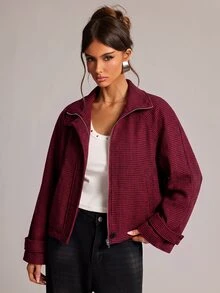 SHEIN BAE 女款全印花立領休閒日常長袖夾克 - 酒紅色 - 查看 4