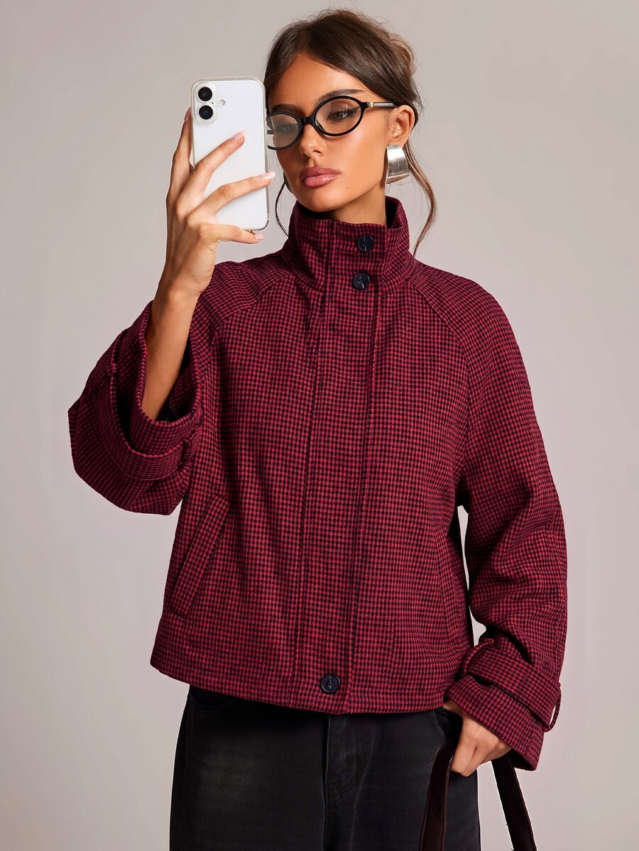 SHEIN BAE 女款全印花立領休閒日常長袖夾克 - 酒紅色 - 查看 1