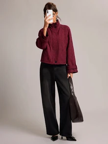 SHEIN BAE 女款全印花立領休閒日常長袖夾克 - 酒紅色 - 查看 5