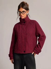 SHEIN BAE 女款全印花立領休閒日常長袖夾克 - 酒紅色 - 查看 7