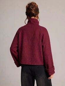 SHEIN BAE 女款全印花立領休閒日常長袖夾克 - 酒紅色 - 查看 2