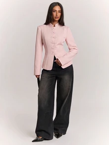 SHEIN BAE 時尚復古優雅立領盤扣西裝外套，修身長袖西裝夾克，適合上班、辦公室、晚餐聚會，夏季黑色 - 粉色 - 查看 8