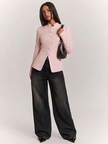 SHEIN BAE 時尚復古優雅立領盤扣西裝外套，修身長袖西裝夾克，適合上班、辦公室、晚餐聚會，夏季黑色 - 粉色 - 查看 4