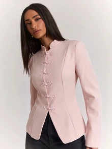SHEIN BAE 時尚復古優雅立領盤扣西裝外套，修身長袖西裝夾克，適合上班、辦公室、晚餐聚會，夏季黑色 - 粉色 - 查看 6