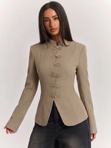 SHEIN BAE 時尚復古優雅立領盤扣西裝外套，修身長袖西裝夾克，適合上班辦公、晚餐聚會，夏季黑色 - 棕色 - 查看 1