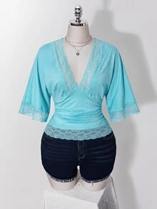 SHEIN ICON 女款大尺碼復古性感千禧風Y2K簡約休閒優雅通勤都市現代蕾絲P - 藍色 - 查看 3