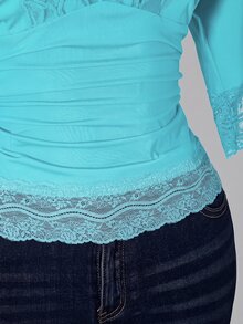 SHEIN ICON 女款大尺碼復古性感千禧風Y2K簡約休閒優雅通勤都市現代蕾絲P - 藍色 - 查看 9