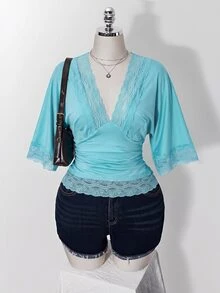 SHEIN ICON 女款大尺碼復古性感千禧風Y2K簡約休閒優雅通勤都市現代蕾絲P - 藍色 - 查看 4