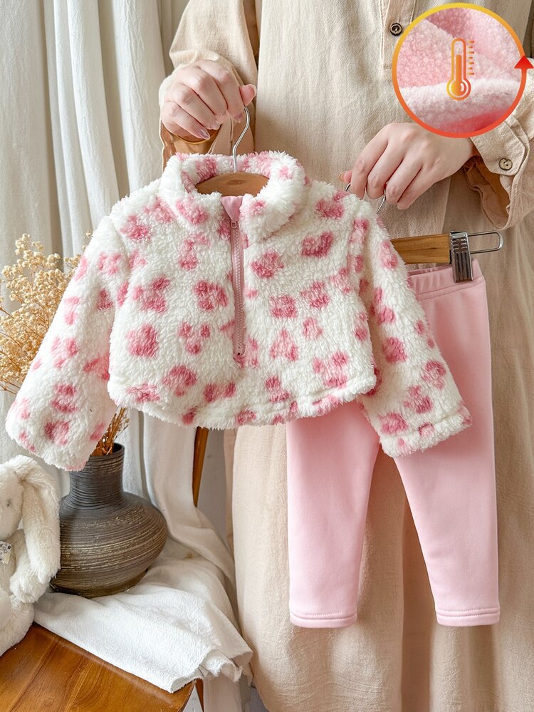 SHEIN Vintaside Kids 2pcs Toddler Girl Sweatshirt Pants Set Sweet Pink White Fuzzy Leopard Quarter Zip Long Sleeve High Neck Vacation Party Winter Jumpers Plush - Pink - View 3