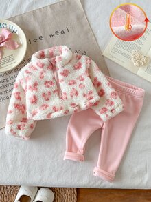 SHEIN Vintaside Kids 2件組幼女衛衣長褲套裝 甜美粉色白色毛絨豹紋 1/4拉鍊長袖高領 度假派對冬季連身褲 毛絨 - 粉色 - 查看 4
