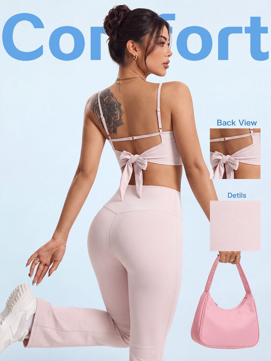 SHEIN Sovereign Charm Bộ đồ thể thao nữ màu trơn gồm áo hai dây buộc lưng hở lưng và quần legging, phong cách gym mùa hè, màu hồng tro, gợi cảm - Bụi hồng - Xem 1