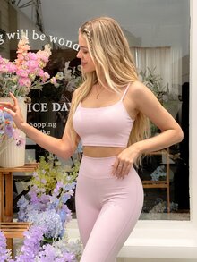 SHEIN Sovereign Charm Bộ đồ thể thao nữ màu trơn gồm áo hai dây buộc lưng hở lưng và quần legging, phong cách gym mùa hè, màu hồng tro, gợi cảm - Bụi hồng - Xem 4