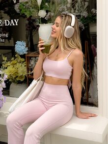 SHEIN Sovereign Charm Bộ đồ thể thao nữ màu trơn gồm áo hai dây buộc lưng hở lưng và quần legging, phong cách gym mùa hè, màu hồng tro, gợi cảm - Bụi hồng - Xem 6