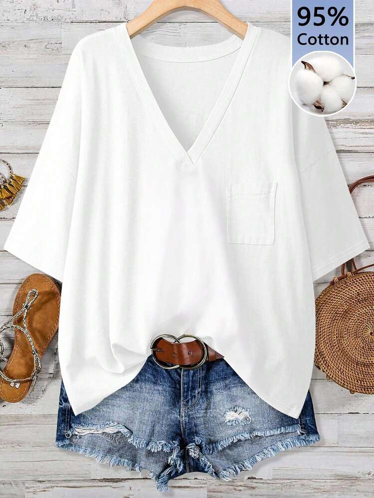 SHEIN LUNE Plus Size Women V-Neck Solid Color Casual Traditional Versatile Daily T-Shirt Formal Vacation White Summer - Multicolor - View 4