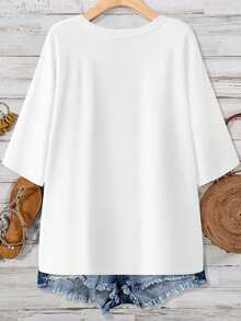SHEIN LUNE Kaos Wanita Ukuran Besar Leher V Warna Polos Kasual Tradisional Serbaguna untuk Sehari-hari Formal Liburan Musim Panas Putih - MultiWarna - View 3