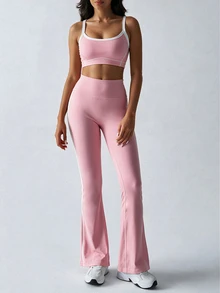 SHEIN Sovereign Charm Women's Striped Colorblock Cropped Tank Top And Flared Leggings Sports Set - Pink - View 6