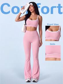 SHEIN Sovereign Charm Women's Striped Colorblock Cropped Tank Top And Flared Leggings Sports Set - Pink - View 1