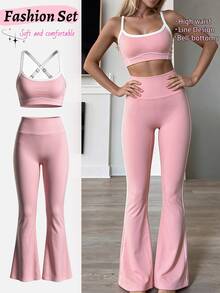 SHEIN Sovereign Charm Women's Striped Colorblock Cropped Tank Top And Flared Leggings Sports Set - Pink - View 3