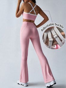 SHEIN Sovereign Charm Women's Striped Colorblock Cropped Tank Top And Flared Leggings Sports Set - Pink - View 2