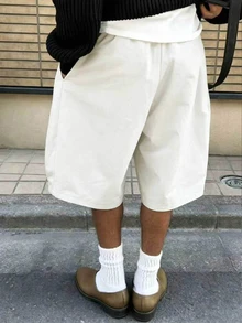 Neovey 男士純色抽繩腰斜口袋休閒街頭風寬鬆寬腿短褲 米白色 夏季度假款 - 卡其色 - 查看 2