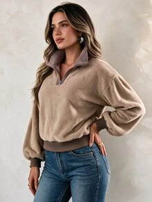 Elegantrix Plus Size Women's Fall/Winter Plush Fabric Colorblock Casual Loose Fit Traditional Daily Formal Beach Commute Basic Top Work Going Out Khaki - Khaki - View 5