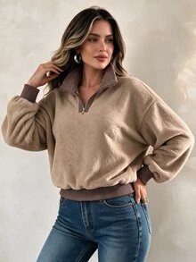 Elegantrix Plus Size Women's Fall/Winter Plush Fabric Colorblock Casual Loose Fit Traditional Daily Formal Beach Commute Basic Top Work Going Out Khaki - Khaki - View 4