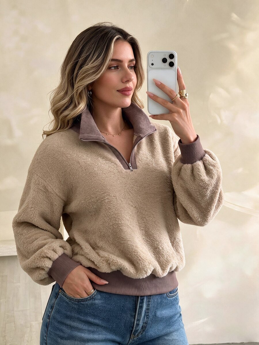 Elegantrix Plus Size Women's Fall/Winter Plush Fabric Colorblock Casual Loose Fit Traditional Daily Formal Beach Commute Basic Top Work Going Out Khaki - Khaki - View 1