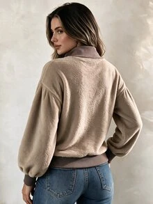 Elegantrix Plus Size Women's Fall/Winter Plush Fabric Colorblock Casual Loose Fit Traditional Daily Formal Beach Commute Basic Top Work Going Out Khaki - Khaki - View 7
