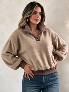 Elegantrix Plus Size Women's Fall/Winter Plush Fabric Colorblock Casual Loose Fit Traditional Daily Formal Beach Commute Basic Top Work Going Out Khaki - Khaki - View 6