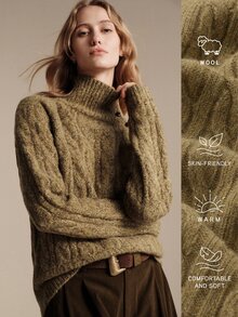 Anewsta Essential Sweater Rajut Kabel Leher Tinggi Minimalis Terbaru Musim Gugur/Dingin Wanita dengan Detail Kancing - Hijau - View 4