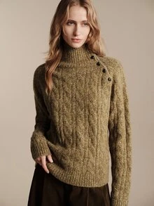 Anewsta Essential Sweater Rajut Kabel Leher Tinggi Minimalis Terbaru Musim Gugur/Dingin Wanita dengan Detail Kancing - Hijau - View 5