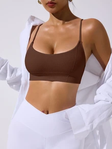 SHEIN Sovereign Charm 女款純色休閒百搭日常旅行運動細肩帶T恤 - 棕色 - 查看 2