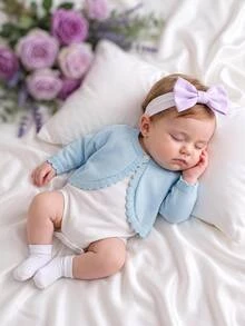 SHEIN Vintaside Kids Baby Girls Cardigans Spring Autumn Knit Long Sleeve Elegant Solid Color Short Shawl Jacket Fashion Versatile Summer Sun Protection Suitable For Daily Wear Travel - Baby Blue - View 1