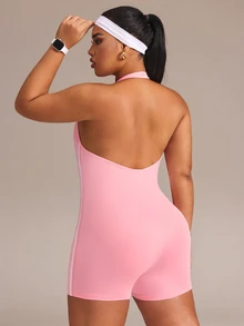 Rhythm Era Women's Plus Size Halter Neck Tank Top Style Sports Romper - Pink - View 2