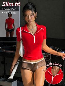 SHEIN Sovereign Charm 女款春夏粉色修身對比色半拉鍊立領短袖運動衛衣，正面對比色織帶拼接與分割線設計，時尚休閒風，適合跑步、瑜伽、健身房、網球、高爾夫 - 紅色 - 查看 4