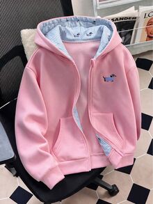 SHEIN 青少年女孩休閒酷女孩度假可愛校外校園針織小狗圖案粉色連帽拉鍊口袋長袖外套萬聖節聖誕節 - 粉色 - 查看 2