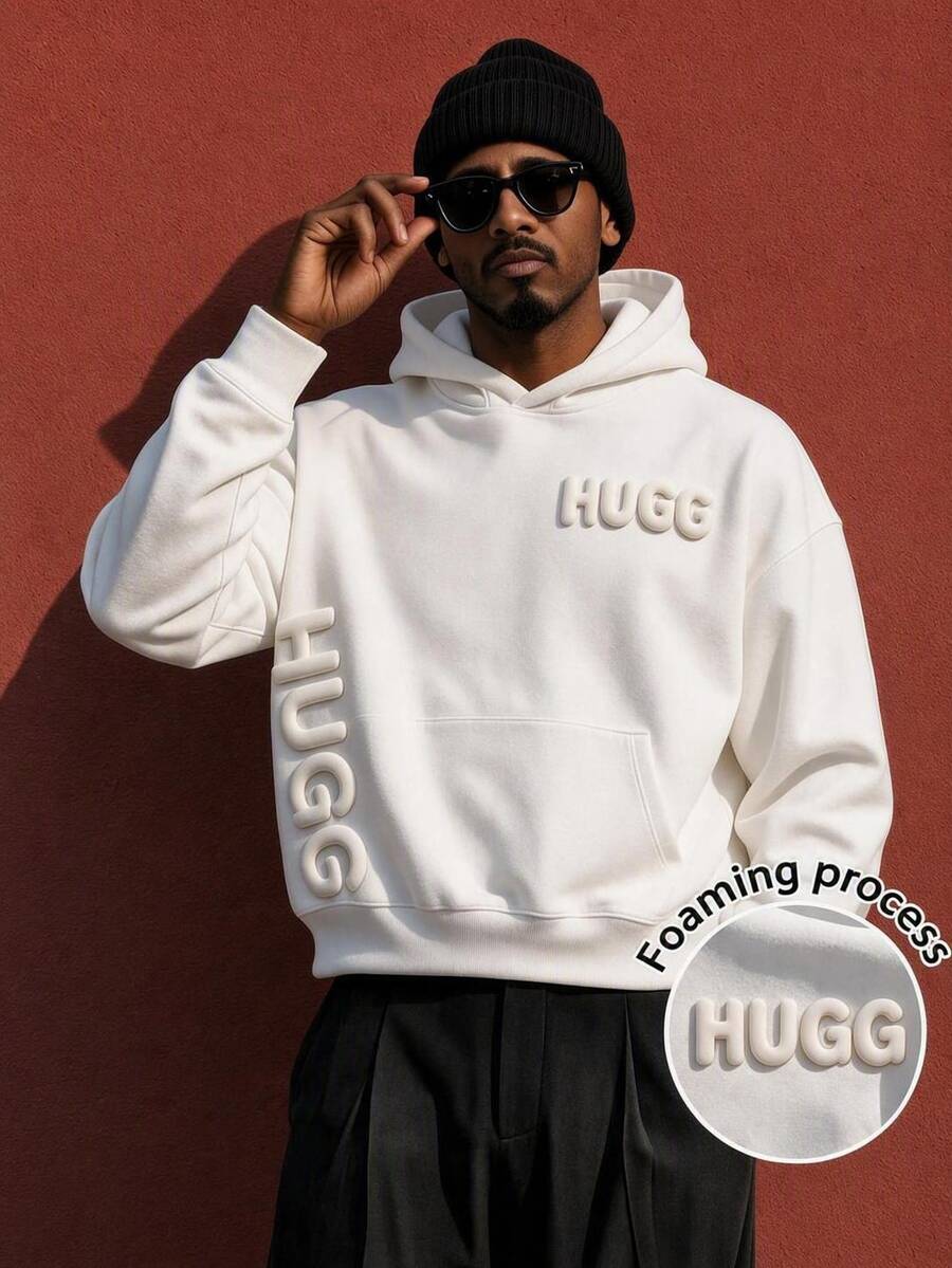 Neovey Men's White Hoodie Sweatshirt With Foamed Letter Print Pattern, Suitable For Autumn/Winter Wear, Outdoor And School Occasions - White - View 1