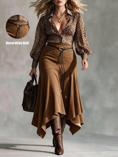 Ceyna Plus Size Women's New Commuter High Waist A-Line Skirt With Design Belt Asymmetrical Design Slimming Mid-Length Skirt, Autumn/Winter Skirt, Daily Wear, Fashionable Skirt