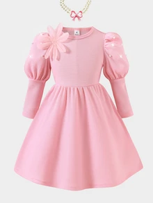 SHEIN Elladie kids 女童新款 Demelin 風格粉色針織洋裝，圓領、長泡泡袖、珍珠裝飾、3D 花卉綴飾、收腰設計，仙女公主秋季款 - 粉色 - 查看 5