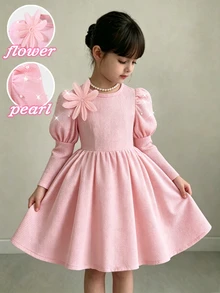 SHEIN Elladie kids 女童新款 Demelin 風格粉色針織洋裝，圓領、長泡泡袖、珍珠裝飾、3D 花卉綴飾、收腰設計，仙女公主秋季款 - 粉色 - 查看 4