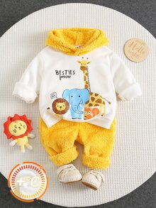 SHEIN 男嬰秋冬加厚抓絨內裡可愛連帽衛衣套裝，適合戶外穿著，聖誕/萬聖節禮物 - 黃色 - 查看 6