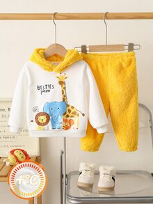 SHEIN 男嬰秋冬加厚抓絨內裡可愛連帽衛衣套裝，適合戶外穿著，聖誕/萬聖節禮物 - 黃色 - 查看 5