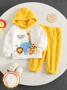 SHEIN 男嬰秋冬加厚抓絨內裡可愛連帽衛衣套裝，適合戶外穿著，聖誕/萬聖節禮物 - 黃色 - 查看 3