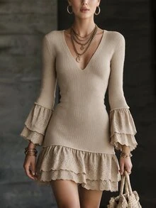 SHEIN فستان نسائي بلون موحد بياقة على شكل حرف V مطوي كاجوال للحفلات من الصوف المحبوك - لون مشمشي - مشاهدة 4