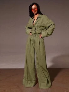 Athîral Denim Women's Casual Retro Wide Leg Denim Jumpsuit, Fall Women Clothes - Army Green - View 3