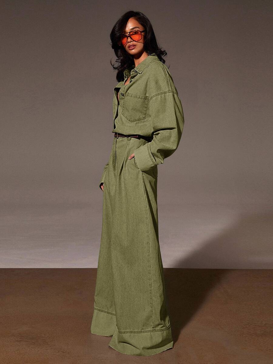 Athîral Denim Women's Casual Retro Wide Leg Denim Jumpsuit, Fall Women Clothes - Army Green - View 1