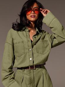 Athîral Denim Women's Casual Retro Wide Leg Denim Jumpsuit, Fall Women Clothes - Army Green - View 2
