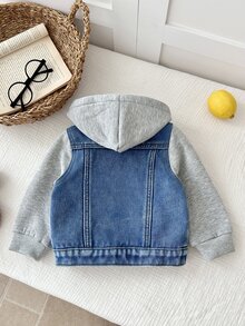 Baby Boy Cute Autumn/Winter Blue Denim Bottoms Spliced With Grey Knitted Hooded Long-Sleeved Jacket - Blue - View 3